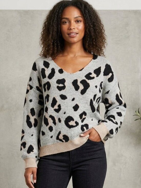 Mod On Trend Sweaters - Leopard Print V Neck Sweater Grey Black Tan Fuzzy Knit Scalloped Hem